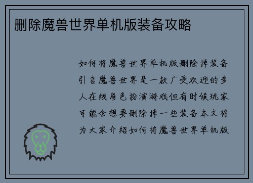 删除魔兽世界单机版装备攻略